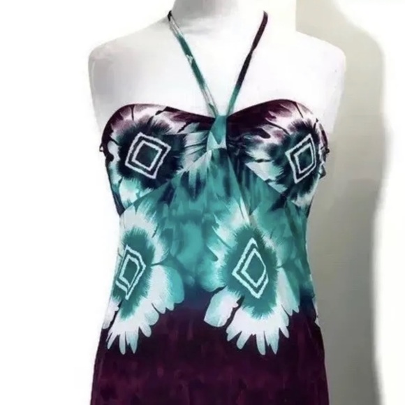 Summer Maxi Dress Bandeau Halter Top Multicoloured Stretch Green Purple L 10-12 - Picture 2 of 8